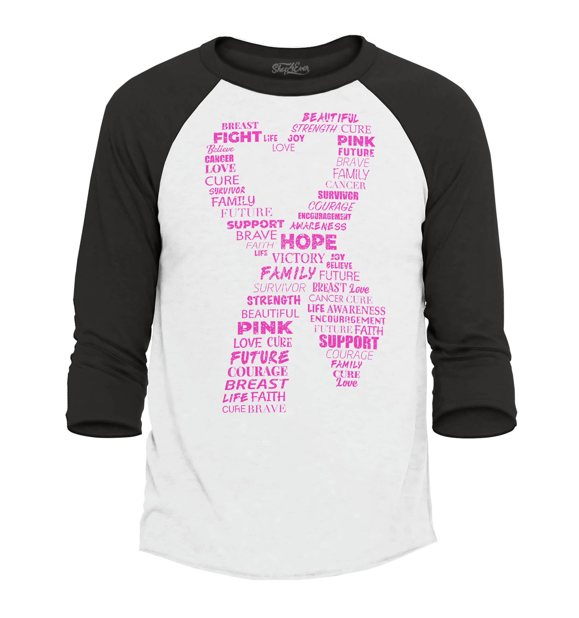 Pink Heart Ribbon Montage Breast Cancer Word Cloud Support Awareness Raglan Baseball Shirt