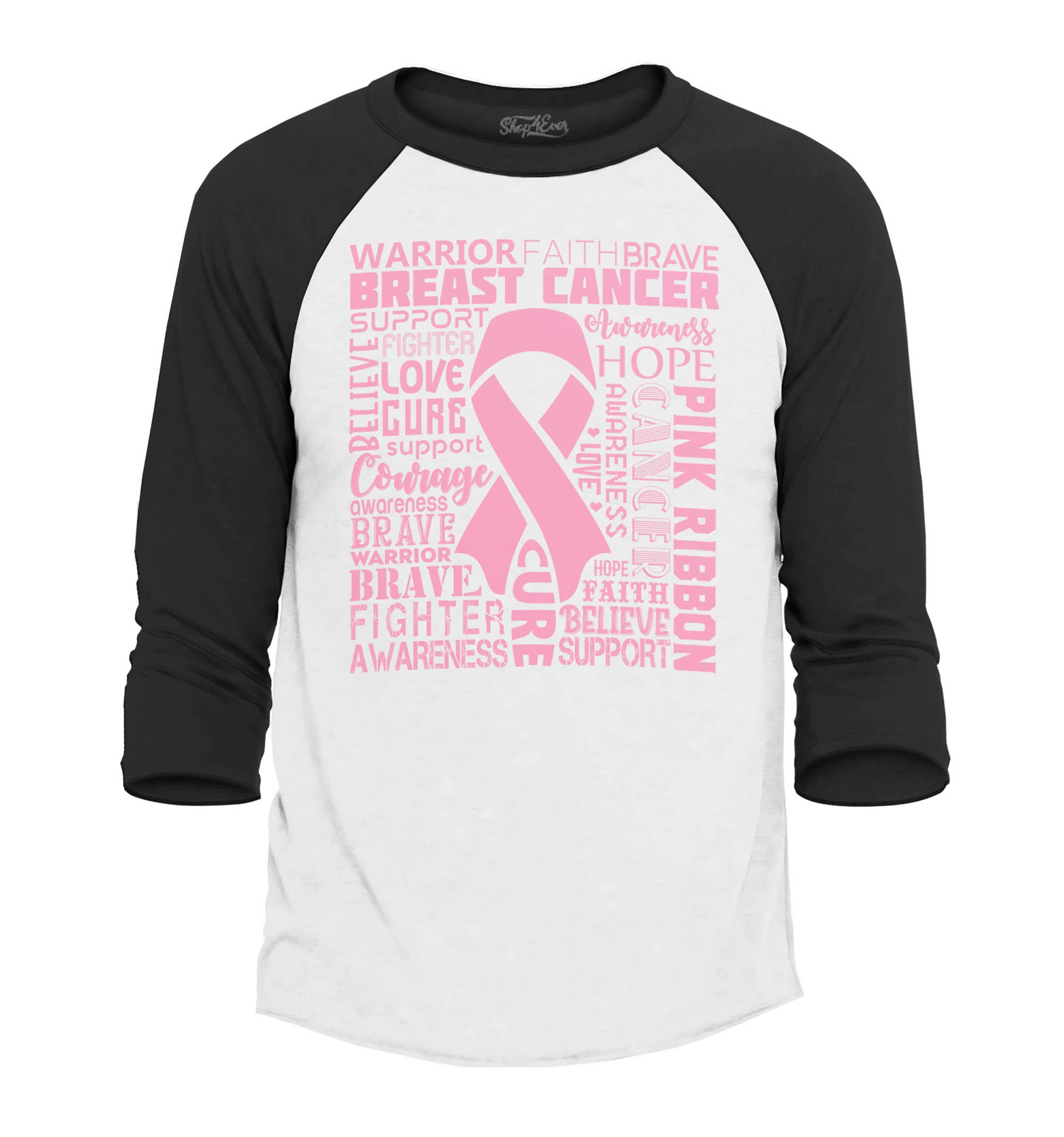 Breast Cancer Awareness Pink Ribbon Word Cloud Raglan Baseball Shirt