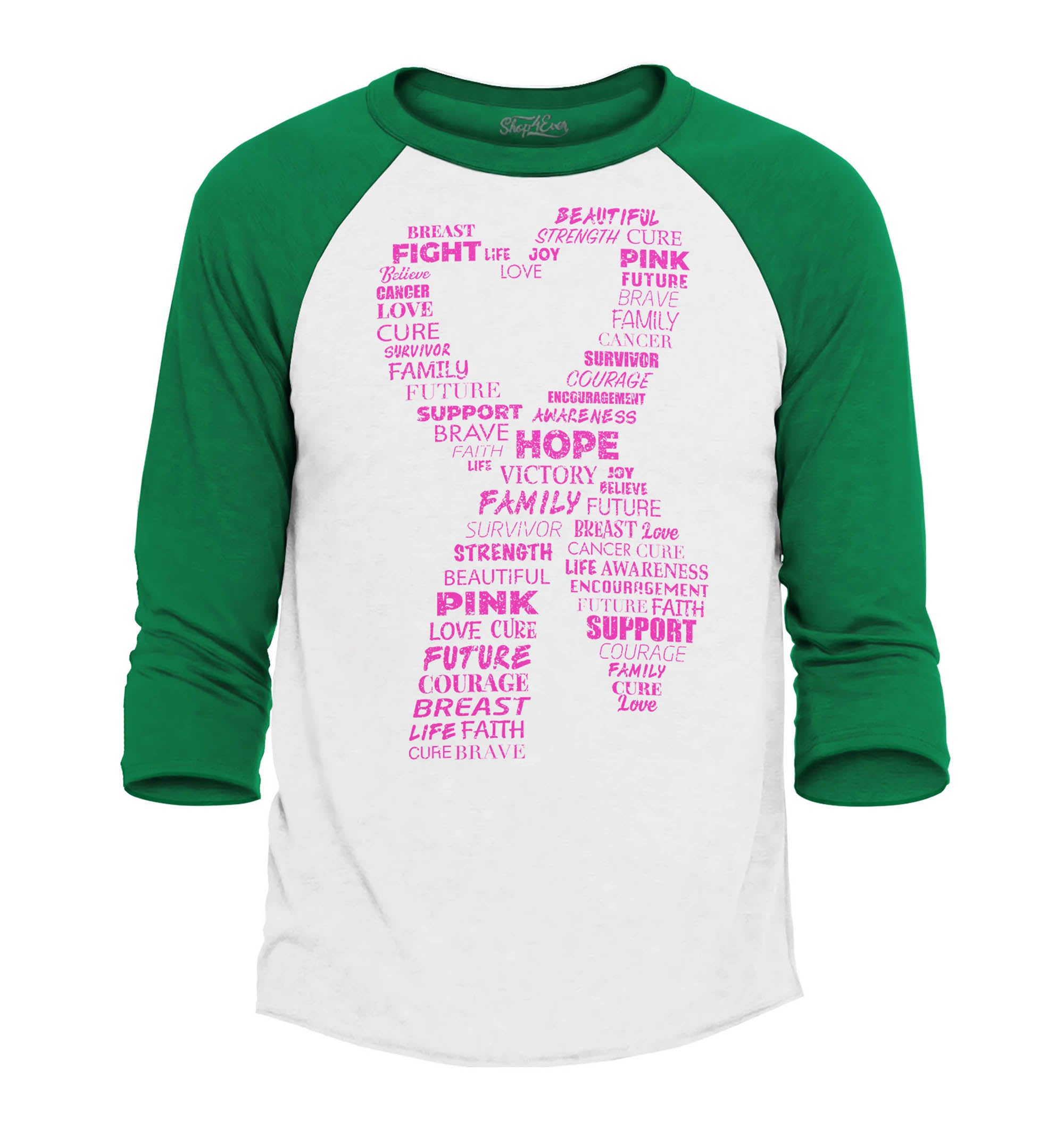 Pink Heart Ribbon Montage Breast Cancer Word Cloud Support Awareness Raglan Baseball Shirt