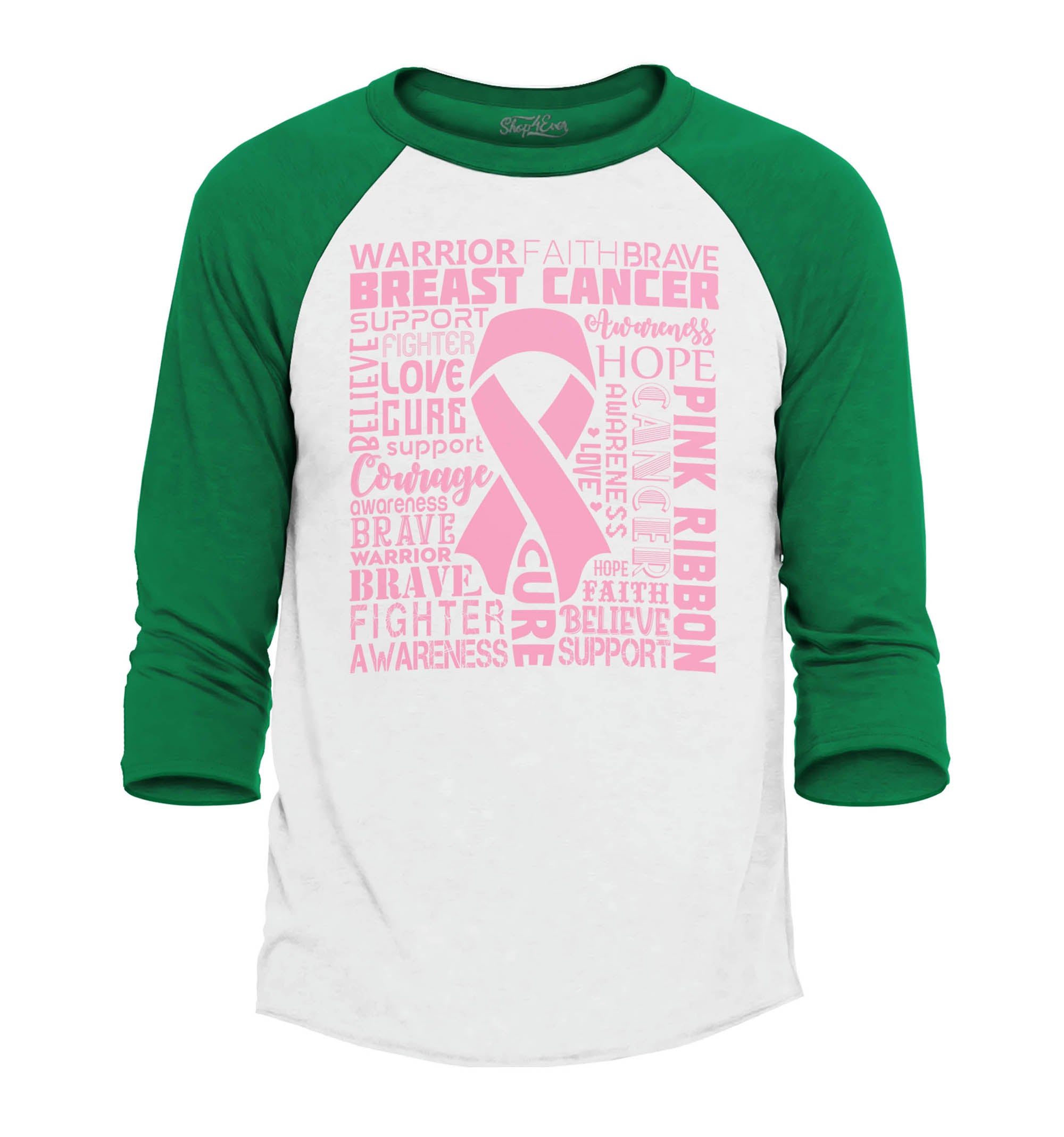 Breast Cancer Awareness Pink Ribbon Word Cloud Raglan Baseball Shirt