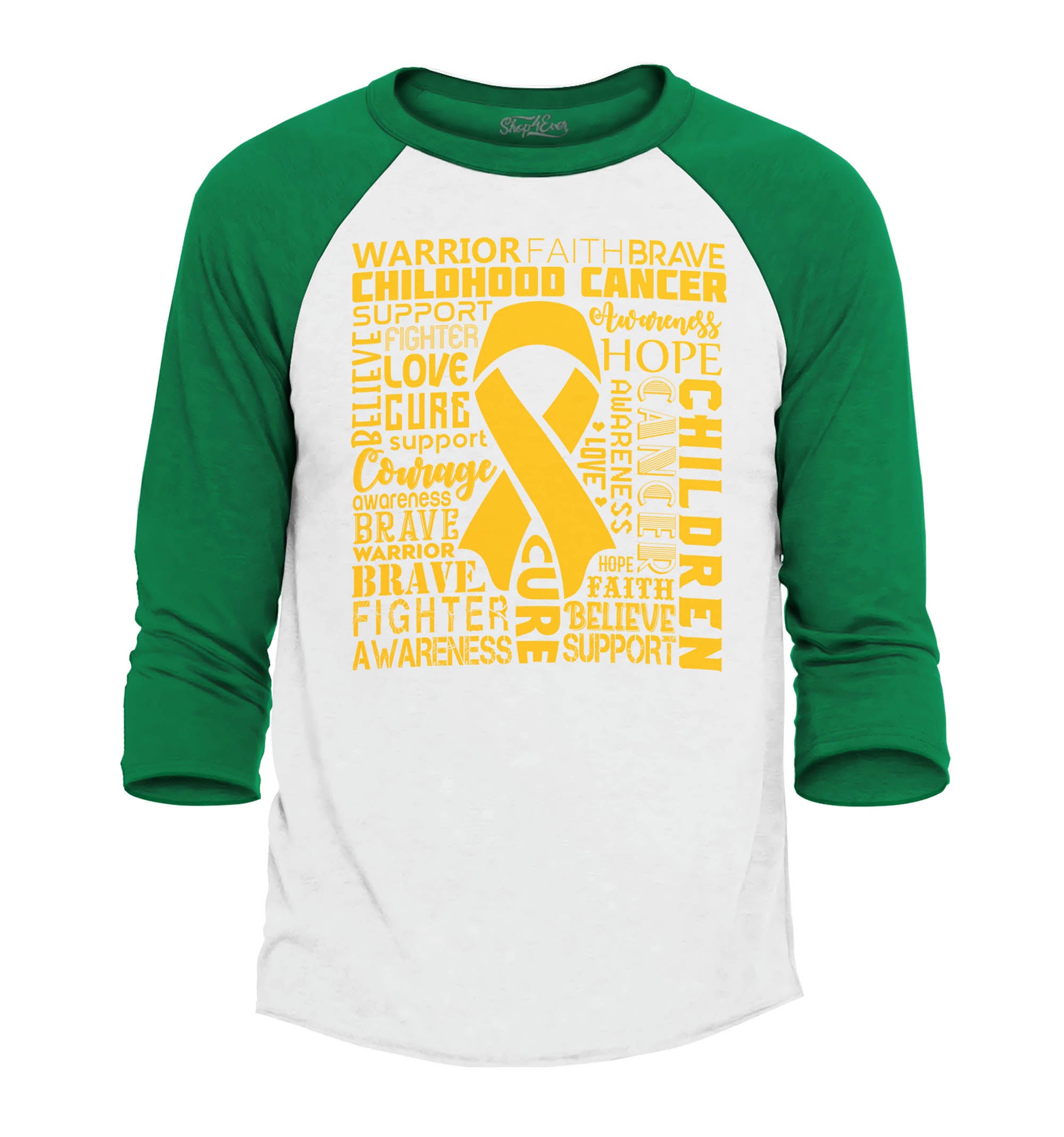 Childhood Cancer Awareness Gold Ribbon Word Cloud Raglan Baseball Shirt