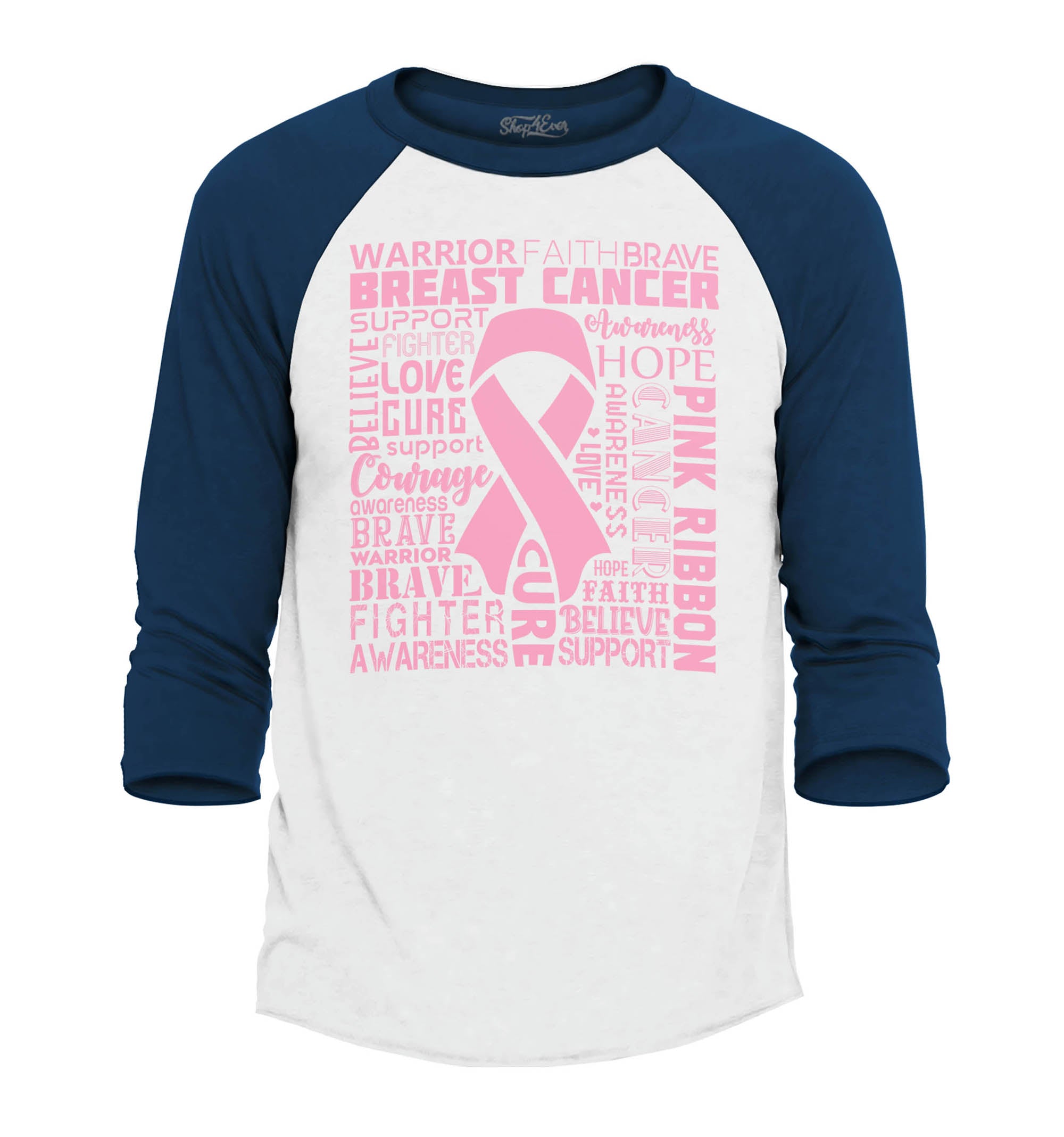 Breast Cancer Awareness Pink Ribbon Word Cloud Raglan Baseball Shirt