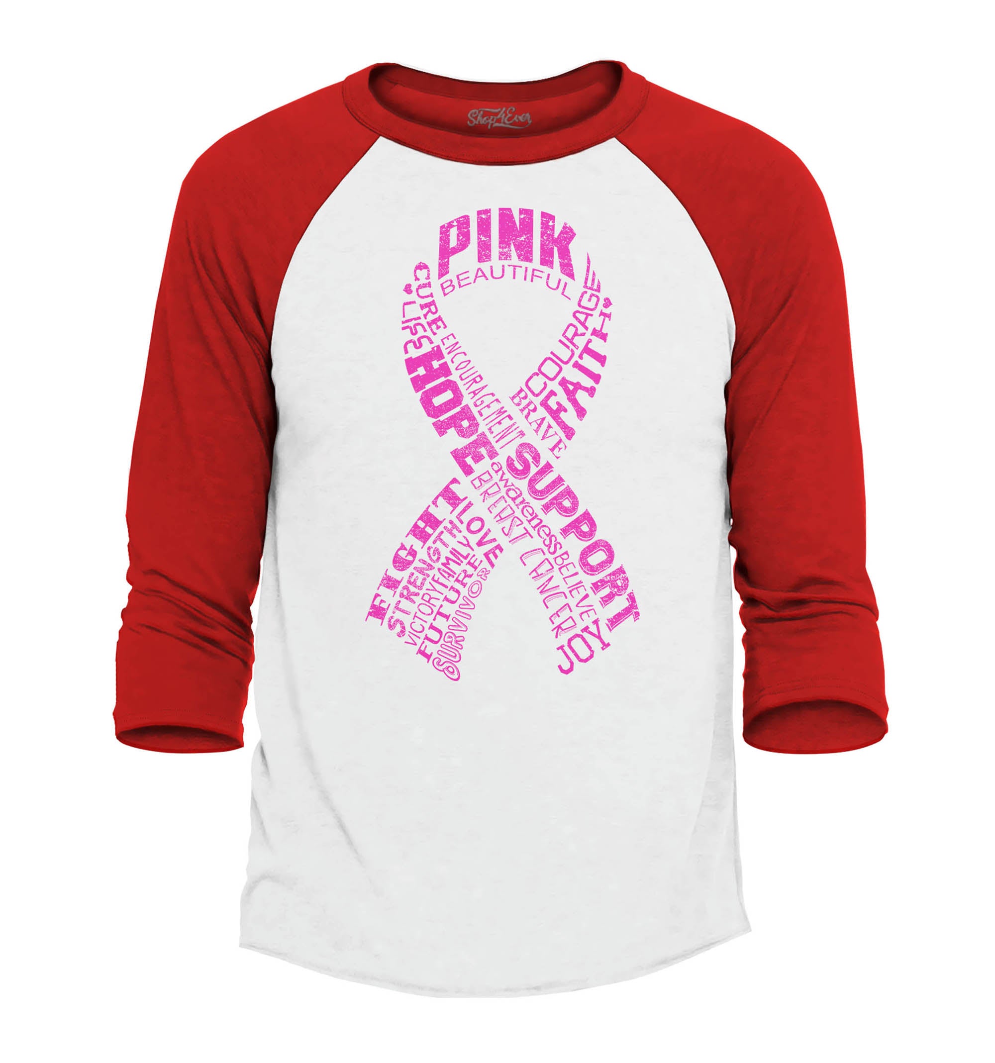 Pink Ribbon Montage Breast Cancer Word Cloud Support Awareness Raglan Baseball Shirt