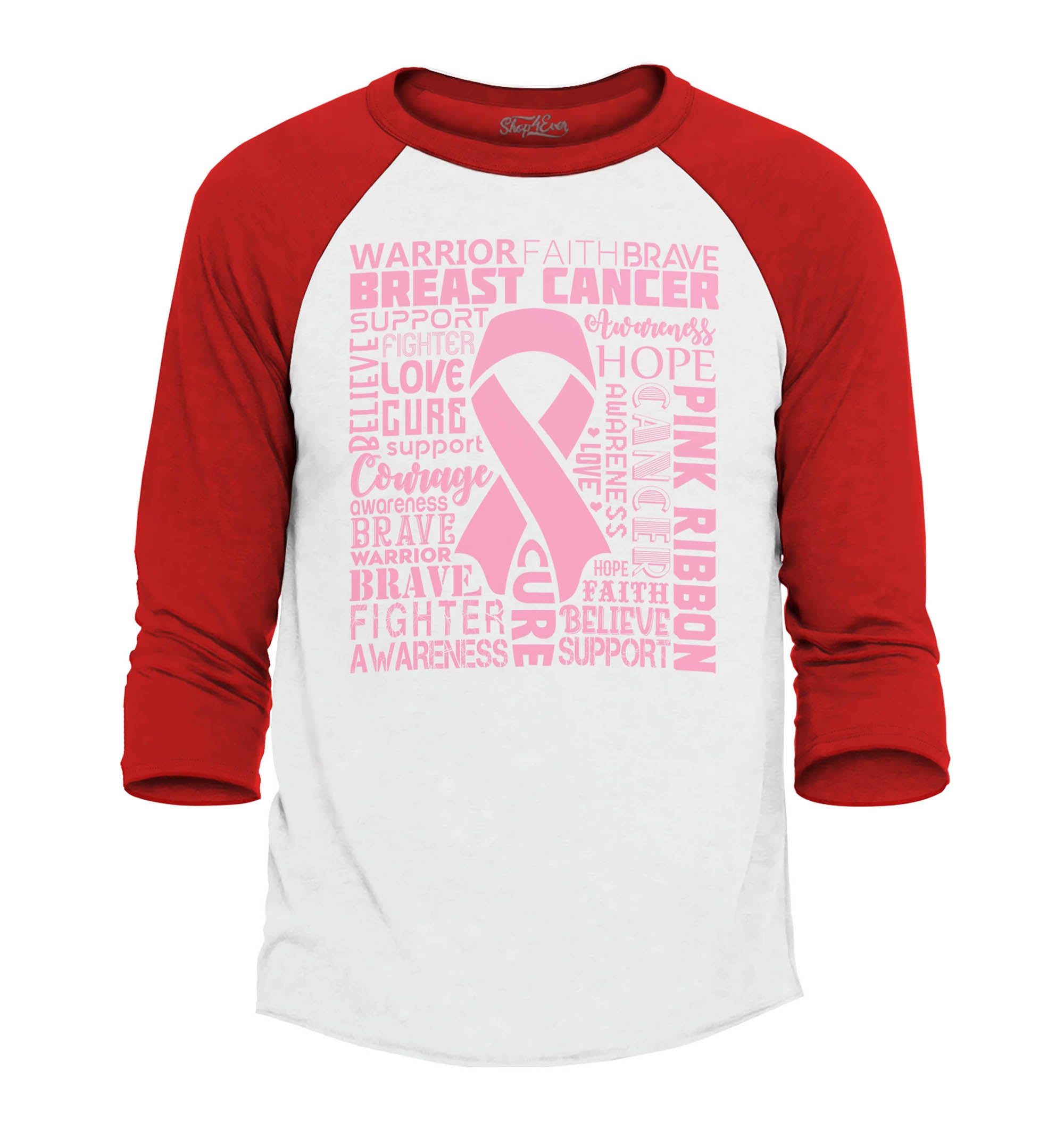 Breast Cancer Awareness Pink Ribbon Word Cloud Raglan Baseball Shirt