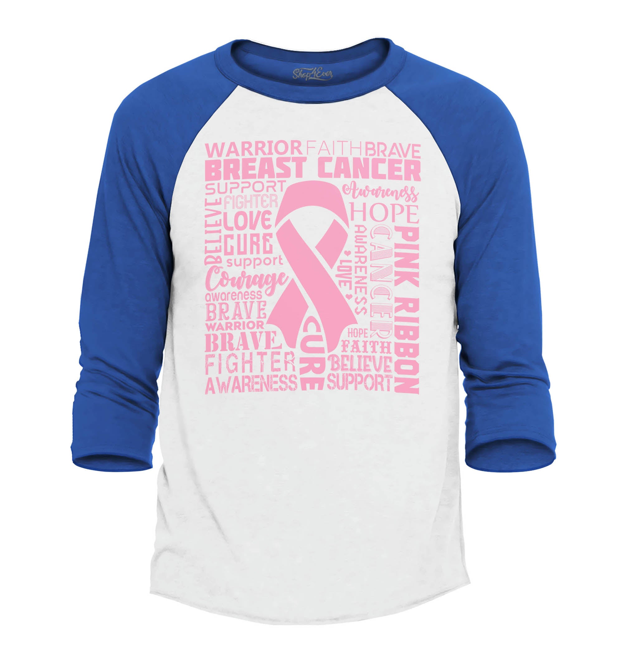 Breast Cancer Awareness Pink Ribbon Word Cloud Raglan Baseball Shirt