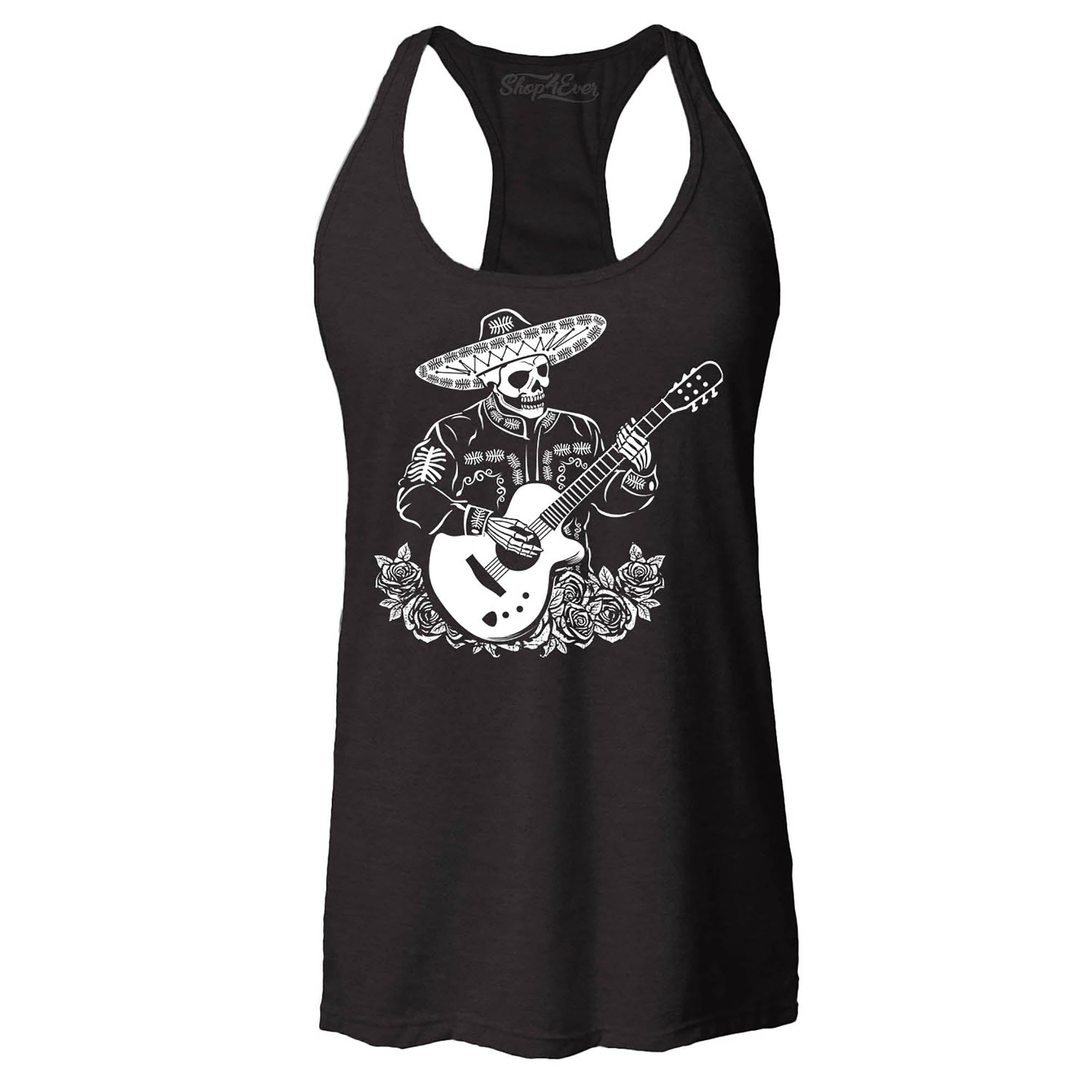 Mariachi Skeleton Playing Guitar Day of The Dead Women's Racerback Tank Top Slim Fit