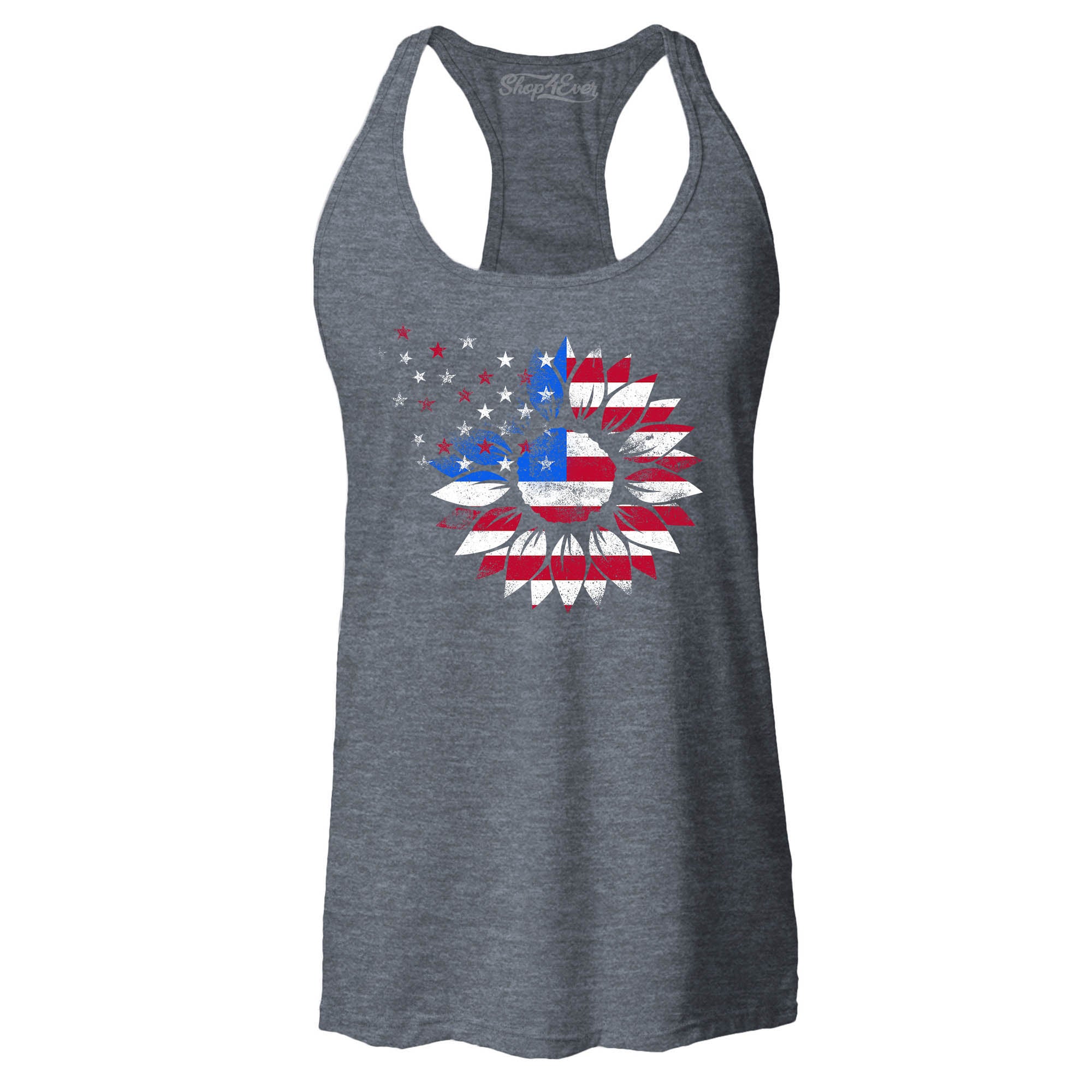 American Flag Sunflower Flower Star 4th of July Women's Racerback Tank Top Slim Fit
