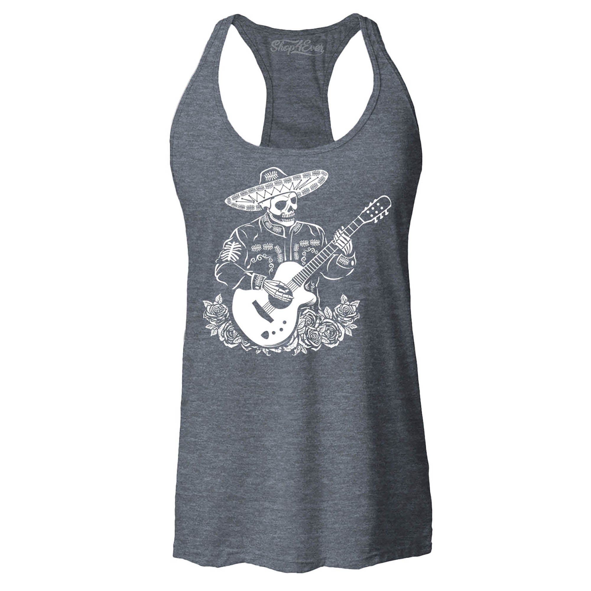 Mariachi Skeleton Playing Guitar Day of The Dead Women's Racerback Tank Top Slim Fit