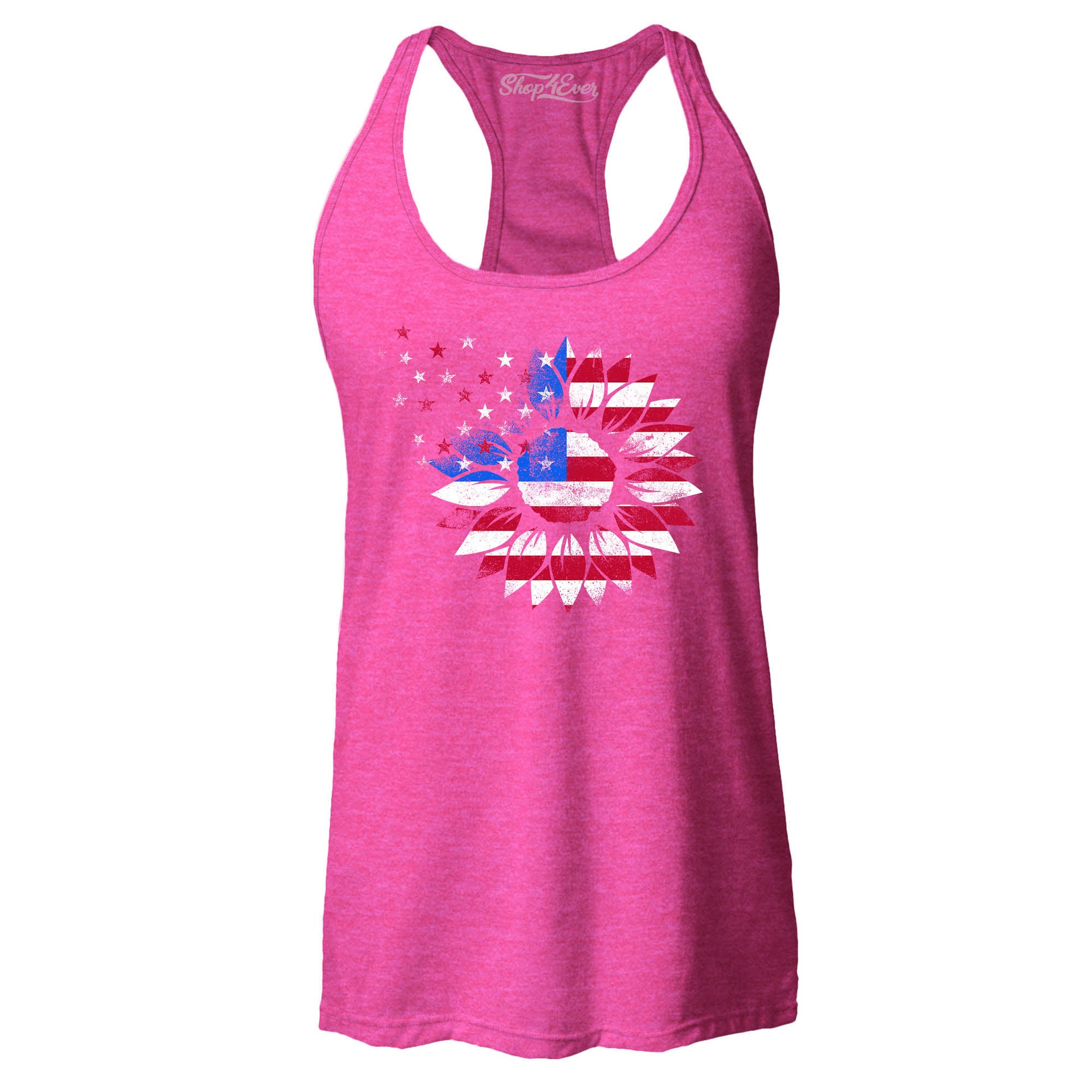 American Flag Sunflower Flower Star 4th of July Women's Racerback Tank Top Slim Fit