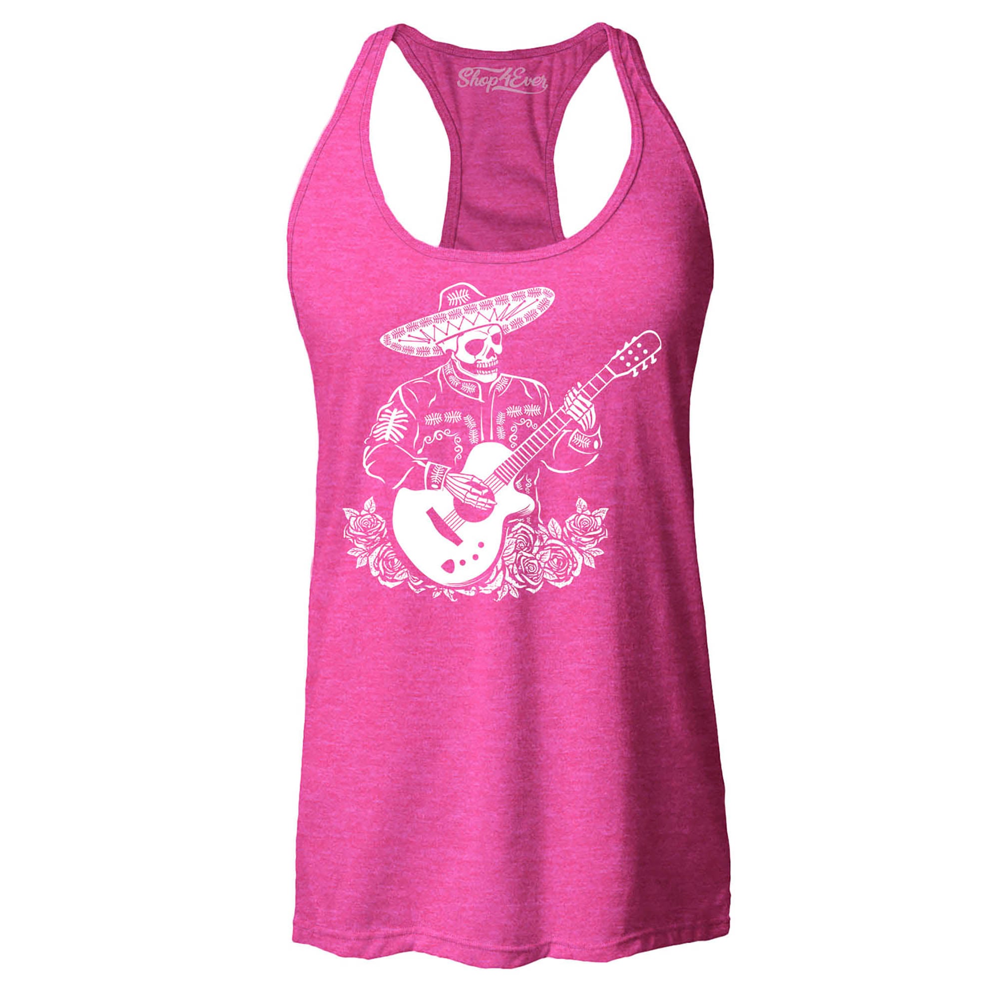 Mariachi Skeleton Playing Guitar Day of The Dead Women's Racerback Tank Top Slim Fit