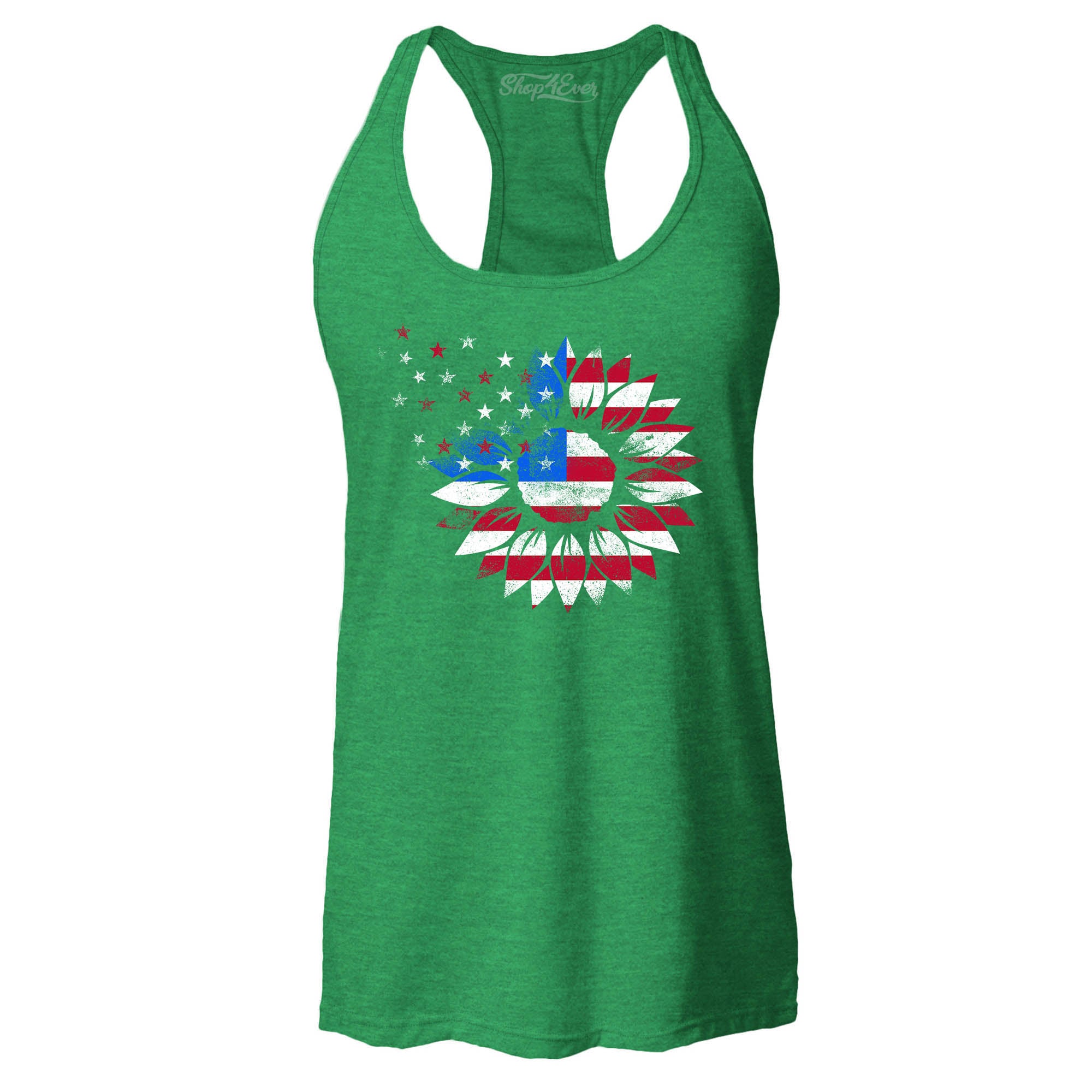 American Flag Sunflower Flower Star 4th of July Women's Racerback Tank Top Slim Fit