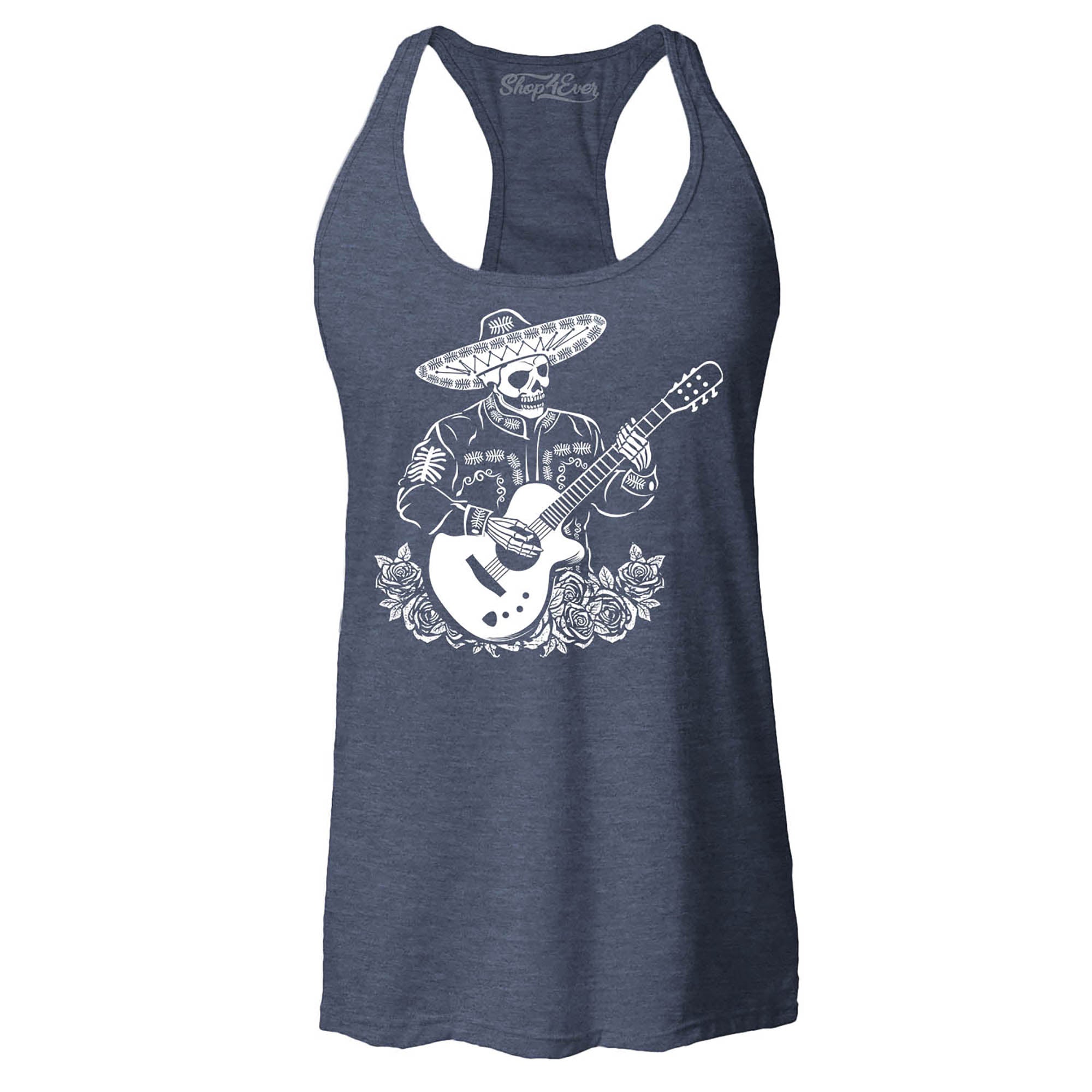 Mariachi Skeleton Playing Guitar Day of The Dead Women's Racerback Tank Top Slim Fit