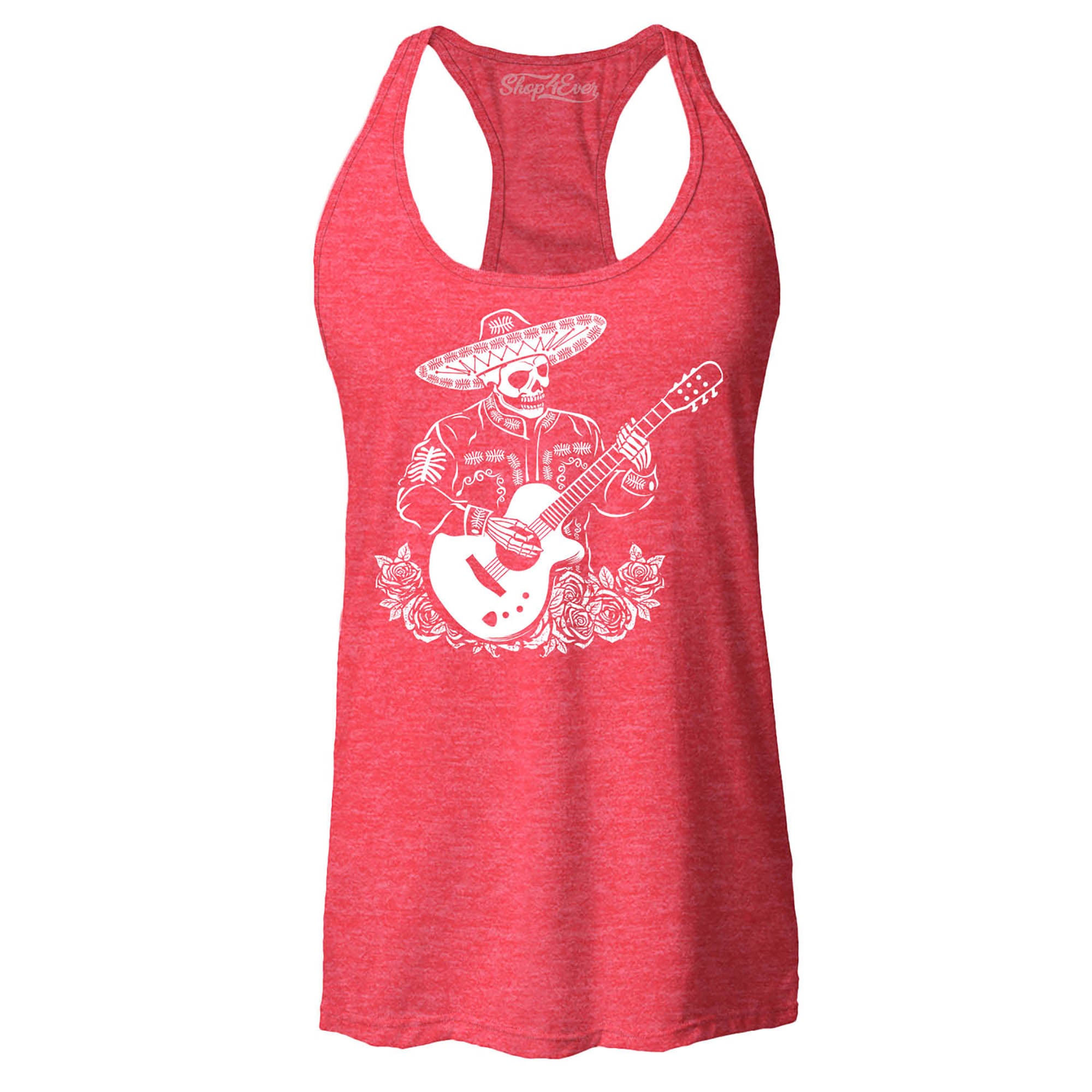 Mariachi Skeleton Playing Guitar Day of The Dead Women's Racerback Tank Top Slim Fit