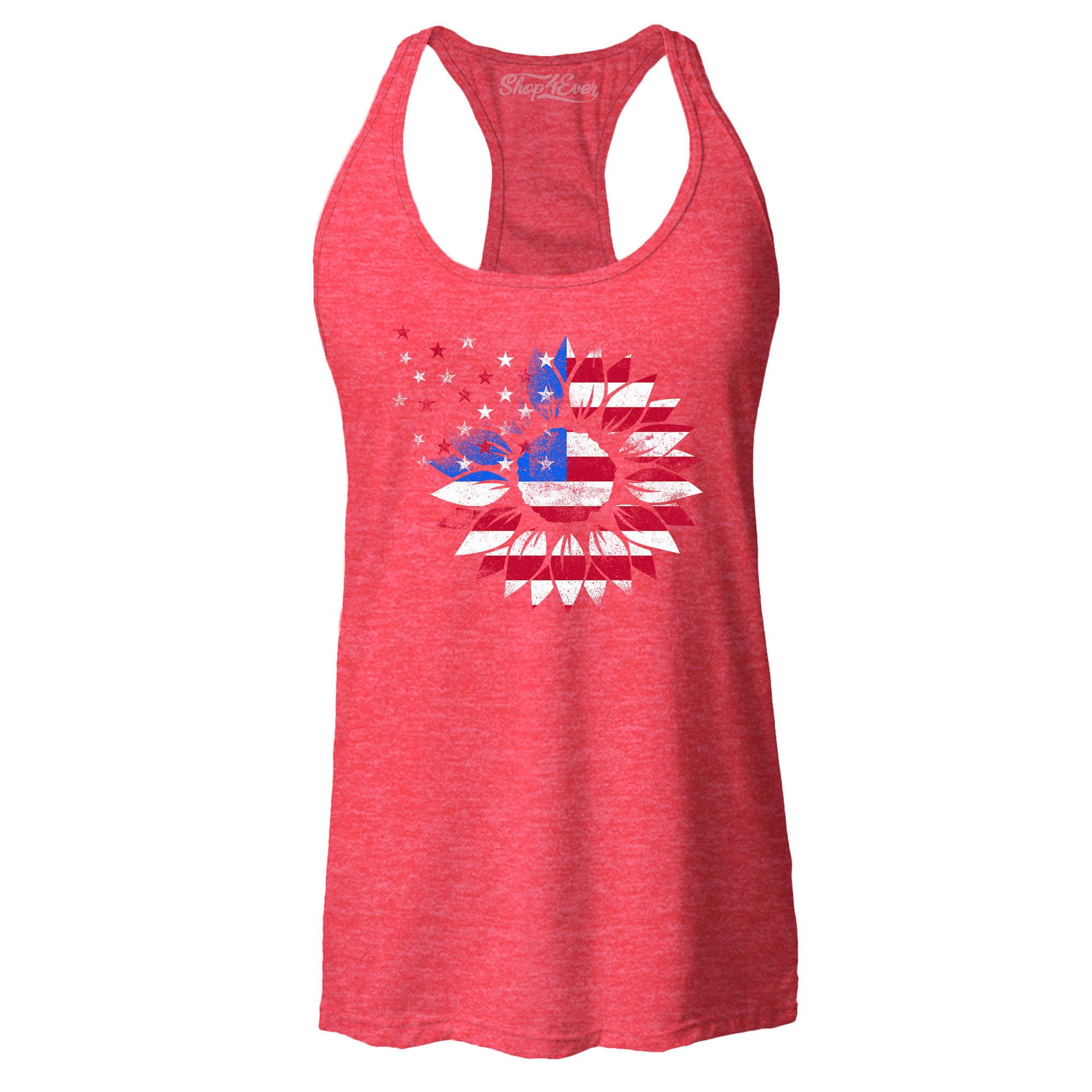 American Flag Sunflower Flower Star 4th of July Women's Racerback Tank Top Slim Fit