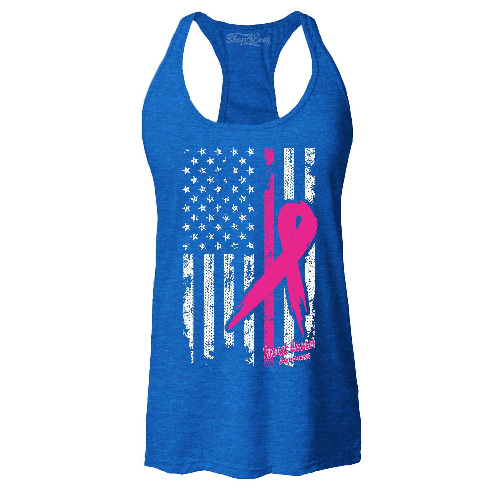 Pink Breast Cancer Ribbon American Flag Women's Racerback Tank Top Slim Fit