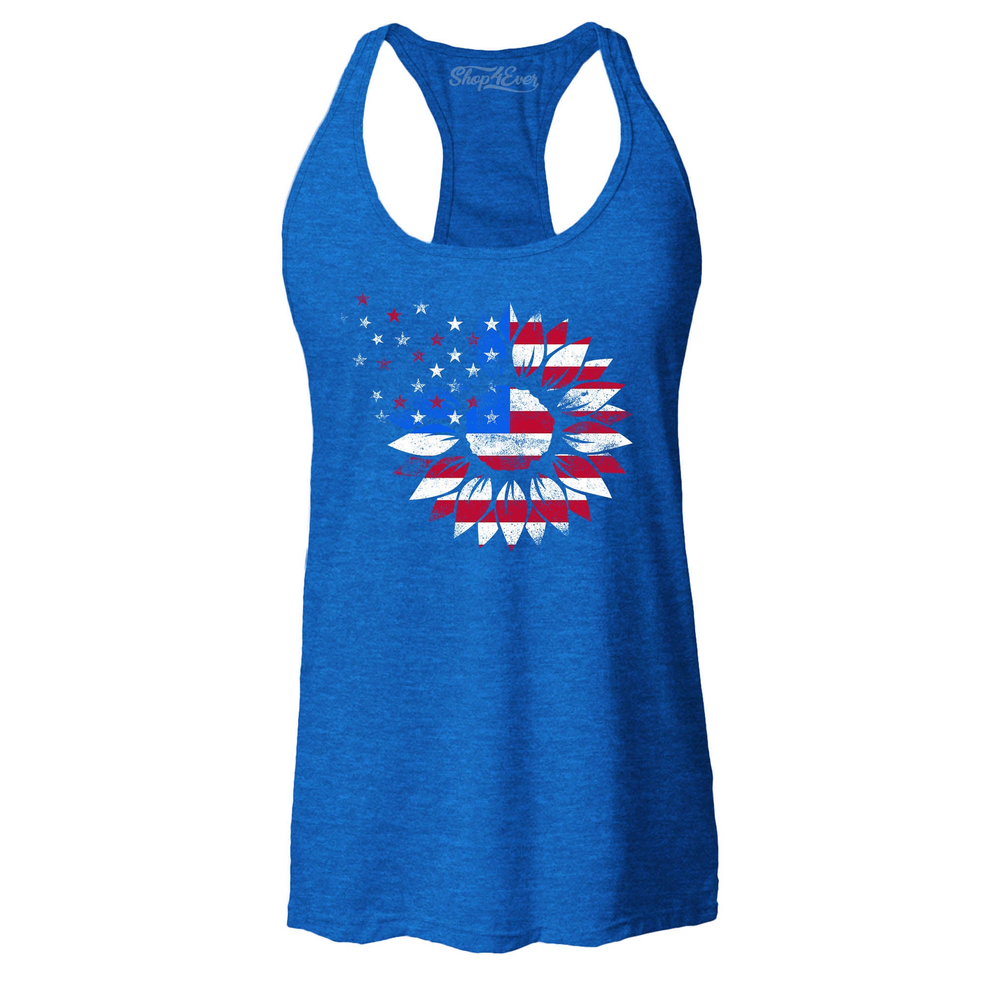 American Flag Sunflower Flower Star 4th of July Women's Racerback Tank Top Slim Fit