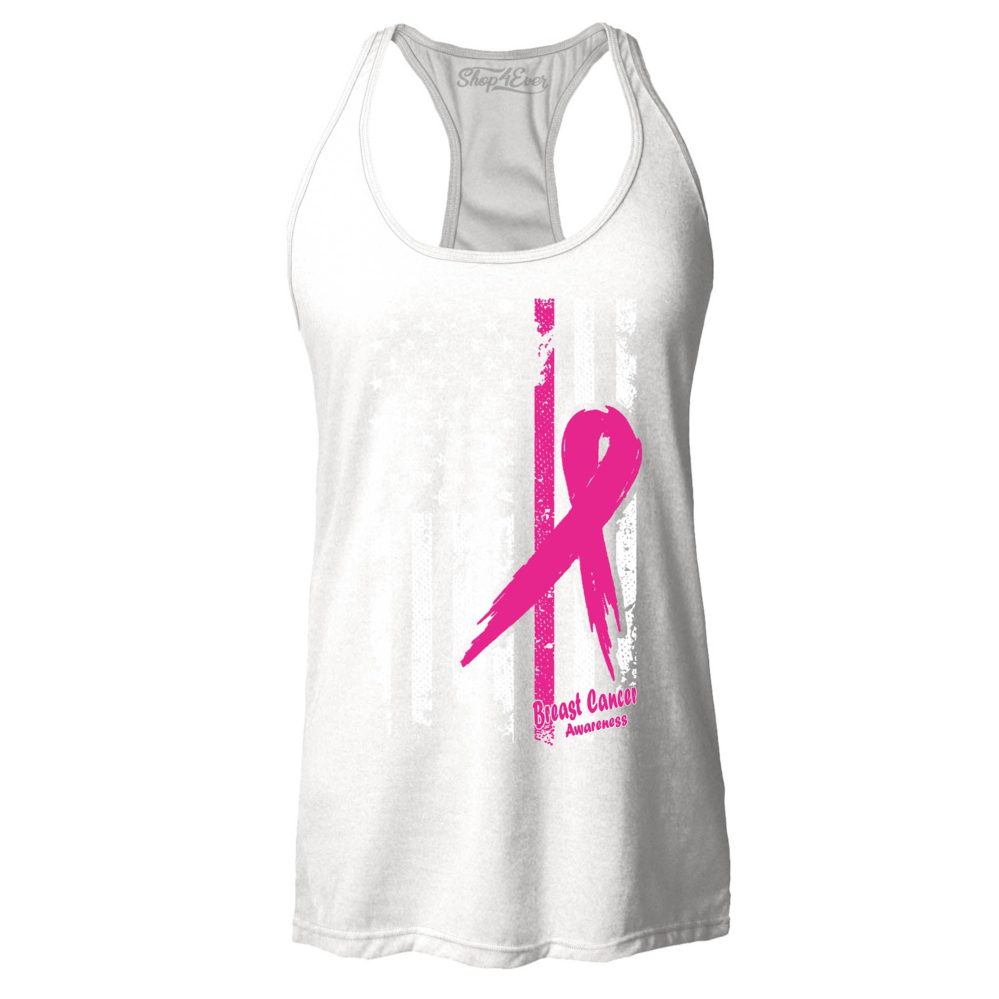 Pink Breast Cancer Ribbon American Flag Women's Racerback Tank Top Slim Fit